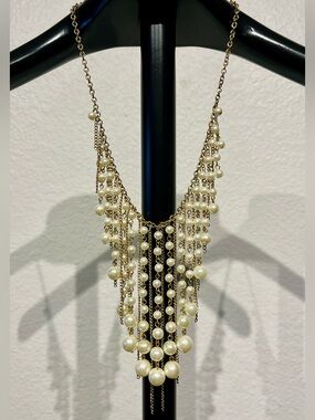Vintage Gold Tone Faux Pearl Cascade Statement Necklace